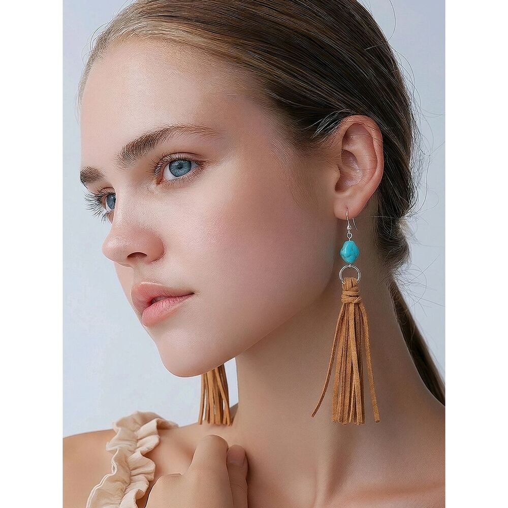 Turquoise Fringe Earrings Western Boho Leather Tassel Statement Cowgirl Festival